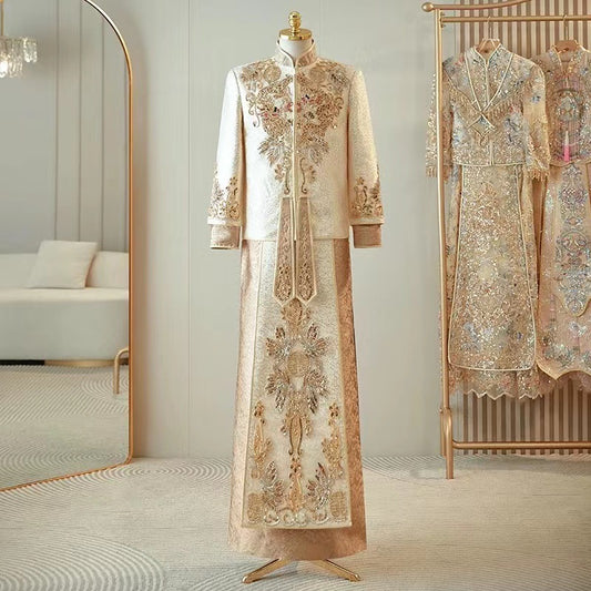 RS0001 Men's groom Chinese dress new high-end wedding reception dress heavy-duty dragon and phoenix gown men's gold